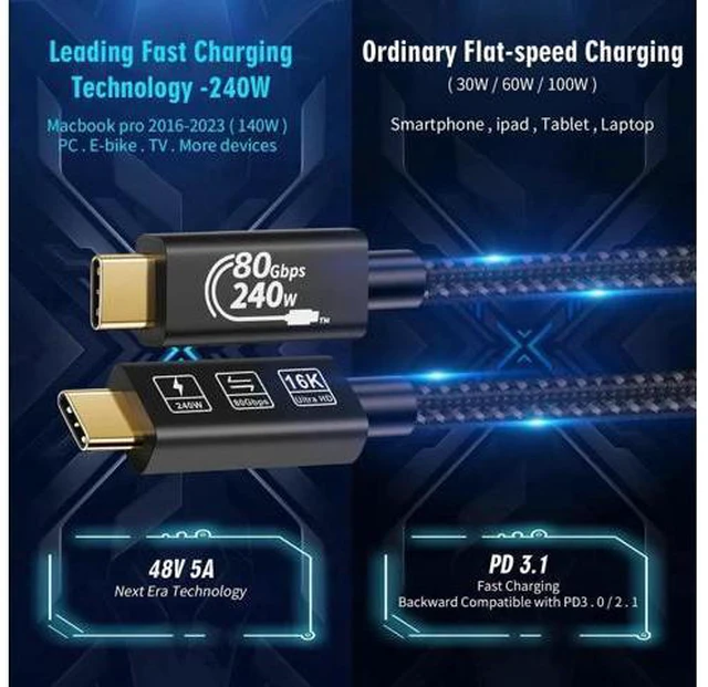 Alt view image 4 of 7 - USB4 Cable, with Thunderbolt 5 Cable, 240 W Charging Cable, 80 Gbps Data Cable, gen4 cable,16K@60Hz 4K120Hz HDR, USB C to USB C Cable, for Hub, Dock, M2, M3, SSD, Laptops, Monitor (TB5 80G 240W 0.5M)