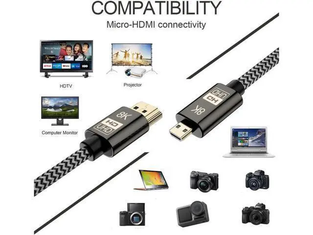 Alt view image 7 of 7 - AOMOPROING Micro HDMI to HDMI 2.1 8K Cable High Speed 8K@60Hz 4K@120Hz Male to Male Ultra HD HDR Adapter for Digital Cameras, camcorders, Tablets and Other Devices with Micro HDMI 1.5M