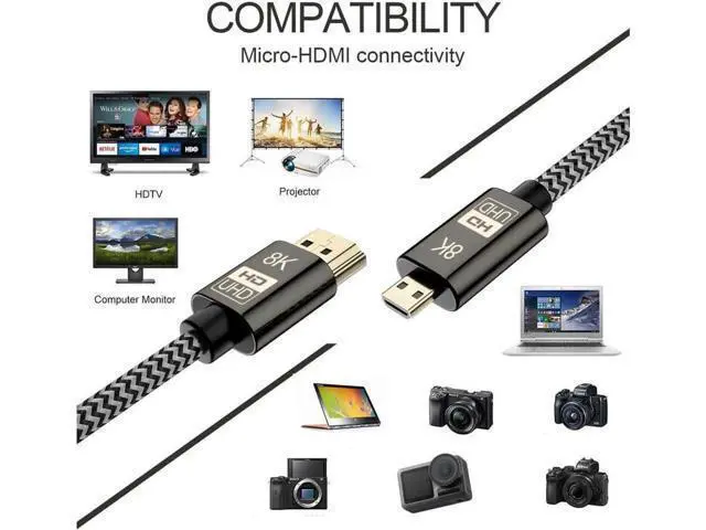 Alt view image 6 of 7 - Micro HDMI to HDMI 2.1 8K Cable High Speed 8K@60Hz 4K@120Hz Male to Male Ultra HD HDR Adapter for Digital Cameras, camcorders, Tablets and Other Devices with Micro HDMI 1.5M