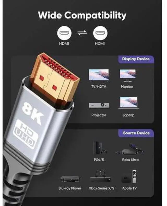 Alt view image 7 of 7 - AOMOPROING 8K 10K 4K HDMI Cable 48Gbps 5FT/1.5M, Certified Ultra High Speed HDMI Cable Braided Cord-4K@120Hz 8K@60Hz, DTS:X, HDCP 2.2 & 2.3, HDR 10 Compatible with Roku TV/PS5/HDTV/Blu-ray