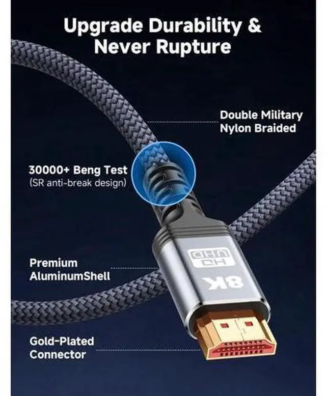 Alt view image 5 of 7 - AOMOPROING 8K 10K 4K HDMI Cable 48Gbps 5FT/1.5M, Certified Ultra High Speed HDMI Cable Braided Cord-4K@120Hz 8K@60Hz, DTS:X, HDCP 2.2 & 2.3, HDR 10 Compatible with Roku TV/PS5/HDTV/Blu-ray