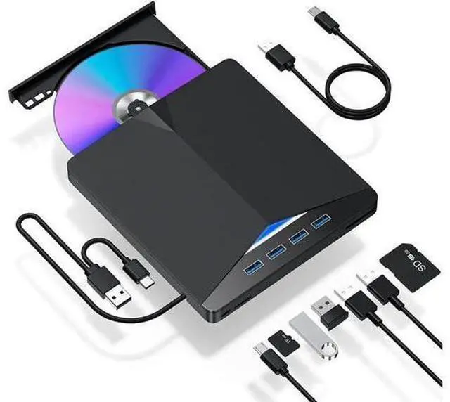 Main image of USB 3.0 & Type C External CD/DVD Drive, 7 in 1 USB 3.0 USB C DVD Player Portable CD/DVD Burner, CD ROM External DVD Drive Compatible with Laptop Desktop PC Windows 11/10/8/7 Linux Mac OS (Jet Balck)