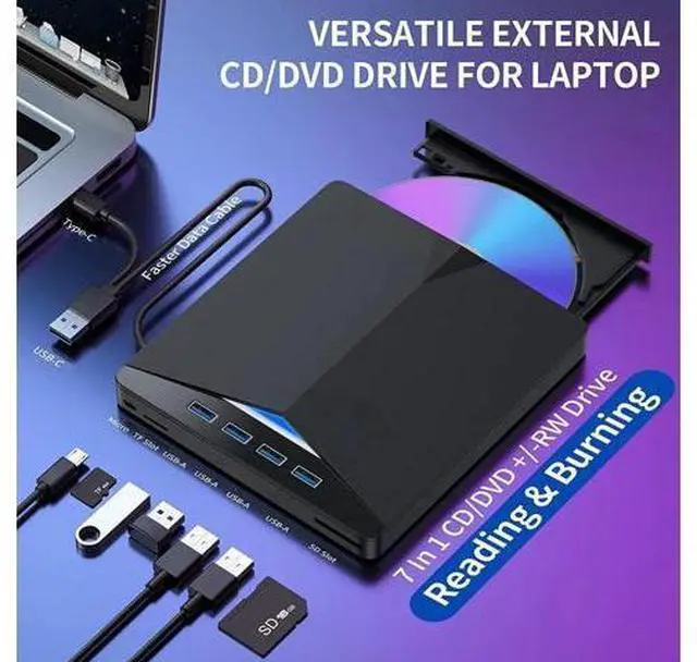 Alt view image 3 of 7 - USB 3.0 & Type C External CD/DVD Drive, 7 in 1 USB 3.0 USB C DVD Player Portable CD/DVD Burner, CD ROM External DVD Drive Compatible with Laptop Desktop PC Windows 11/10/8/7 Linux Mac OS (Jet Balck)