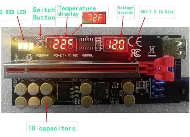 Alt view image 4 of 7 - Newest VER016 PCIE Riser 016 V016 Riser PCI Express X16 Temperature Voltage 3 RGB LED 6P USB Mining Riser For Video Card Red