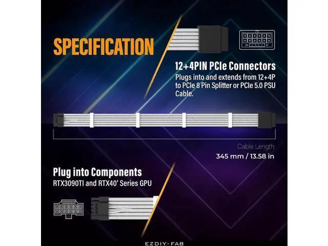 Alt view image 3 of 6 - Aomoproing GPU Power Sleeved Cable Extension, 16pin(12+4) 12VHPWR PCIe 5.0 Connector Male to Female for RTX 3090Ti 4070Ti 4080 4090, with Cable Combs-16AWG/White