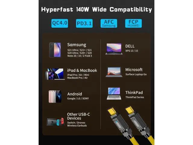Alt view image 2 of 6 - USB C to USB C Charging Cable 6ft, 140W 20Gbps Type C to Type C Fast Charging Silicone Cable, with LED Light, Support 8K@60hz for MacBook Pro,Galaxy S23 S22, Yellow