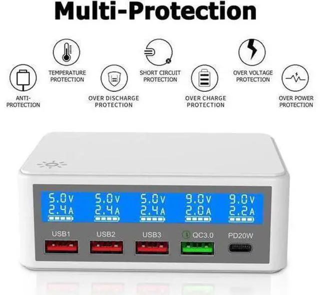 Main image of 5 Ports USB Charger, 65W 5-Port USB C Charging Station Multi Port USB Hub Charger Compact Size LCD Display, QC 3.0 and PD USB C Fast Charger, Compatible with iPhone iPad Samsung Kindle Tablet and More