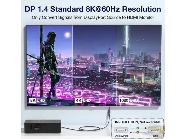 Alt view image 7 of 7 - 8K@60Hz DisplayPort to HDMI Adapter, Uni-Directional DP 1.4a to HDMI 2.1 Converter Cable, Support 8K, 4K@120Hz, 2K@240Hz, VRR, HDR, HDCP 2.3, DSC 1.2a for HP, ASUS, DELL, GPU, AMD, NVIDIA