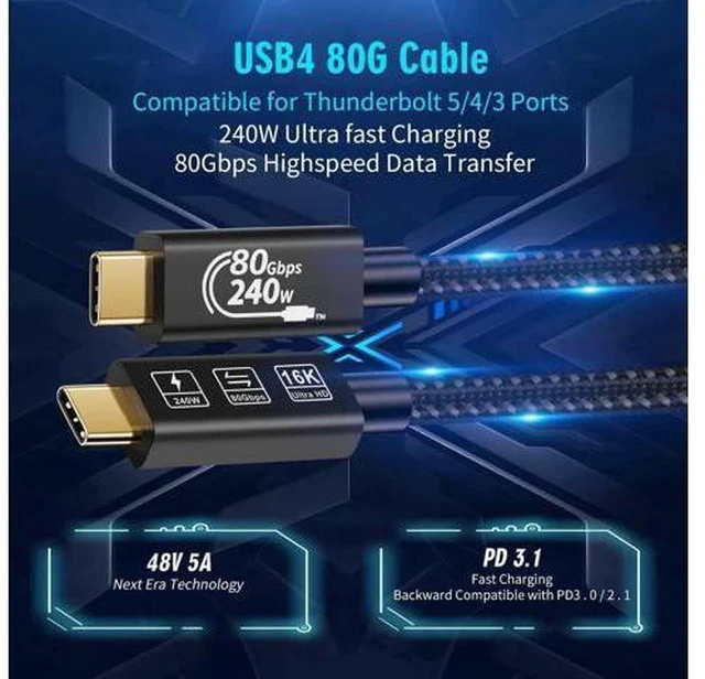 Alt view image 7 of 14 - Aomoproing USB 4 Extension 1M Super High Speed 80Gbps Thunderbolt 5 Data Cable 240W Quick Charging 16K Ultra HD Video Connection USB Type-C Cable