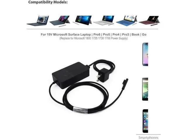 Alt view image 2 of 7 - 15V 2.58A Surface 44W Power Supply for Surface Pro 6 Charger Surface Laptop 2 Pro 5 Pro 4 Pro 3 Go Microsoft 1800 Surface 44W Power Ac Adapter Cord with 5V USB Port and US Extension Cord