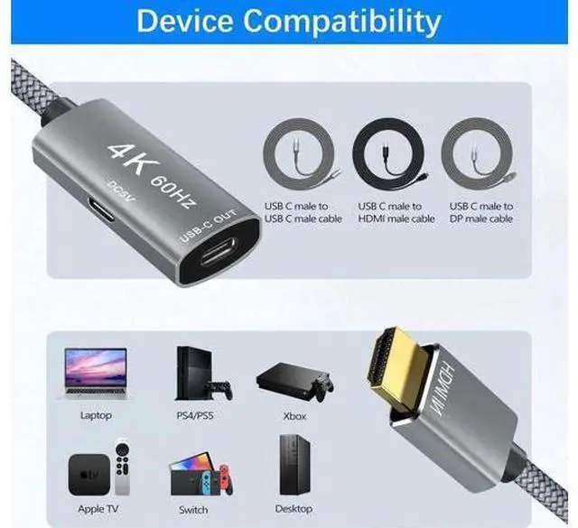 Alt view image 3 of 7 - HDMI Male to USB-C Female Cable Adapter with USB-C Power Cable Type C 3.1 (Display) to HDMI (Source) Converter 4K 60Hz Thunderbolt 3 Adapter for New MacBook Pro Mac Surface Xreal Air Rokid