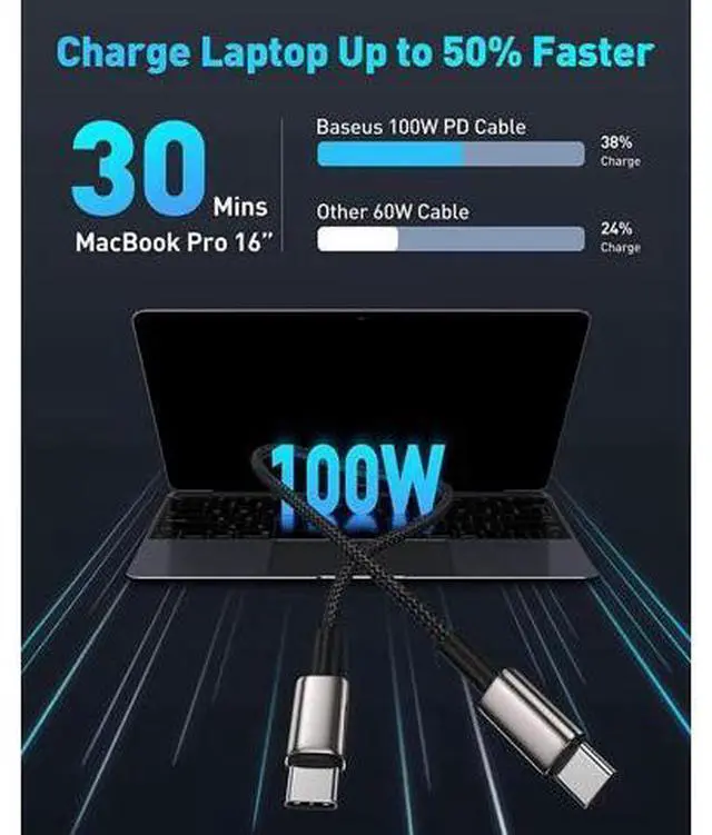 Alt view image 6 of 7 - USB C Cable, Baseus 100W PD 5A QC 4.0 Fast Charging USB C to USB C Cable, Zinc Alloy Nylon Braided Type C Data Cable for Samsung S21 S20+ S10 Note 10 iPad Pro MacBook Pro Google Pixel and more (6.6ft)
