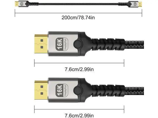 Alt view image 3 of 7 - 16K Displayport Cable Braided High Speed Display Port Male to DP Male 2.1 Cable 16K@60Hz 8K@120Hz 4K@240Hz 165Hz 144Hz Support 80Gbps HDR HDCP DSC for HDTV PC Gaming Monitor - 2M/6.6Ft