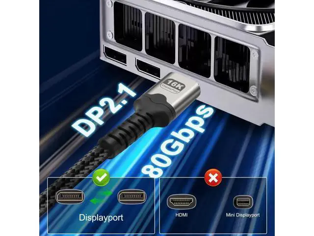 Alt view image 4 of 7 - 16K Displayport Cable Braided High Speed Display Port Male to DP Male 2.1 Cable 16K@60Hz 8K@120Hz 4K@240Hz 165Hz 144Hz Support 80Gbps HDR HDCP DSC for HDTV PC Gaming Monitor - 2M/6.6Ft