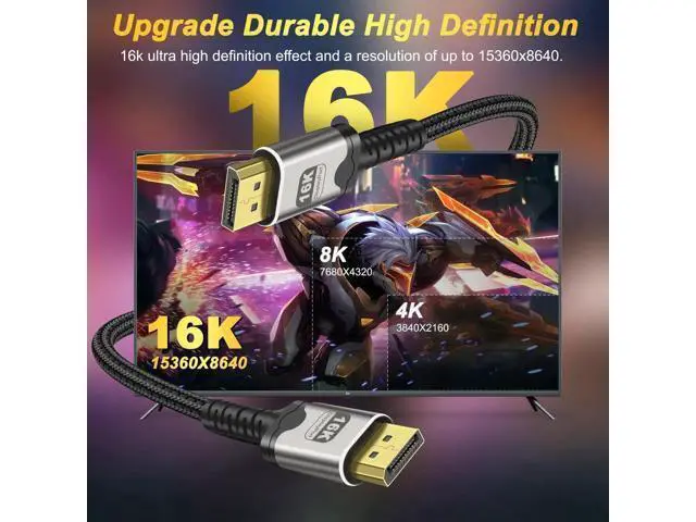 Alt view image 6 of 7 - 16K Displayport Cable Braided High Speed Display Port Male to DP Male 2.1 Cable 16K@60Hz 8K@120Hz 4K@240Hz 165Hz 144Hz Support 80Gbps HDR HDCP DSC for HDTV PC Gaming Monitor - 2M/6.6Ft
