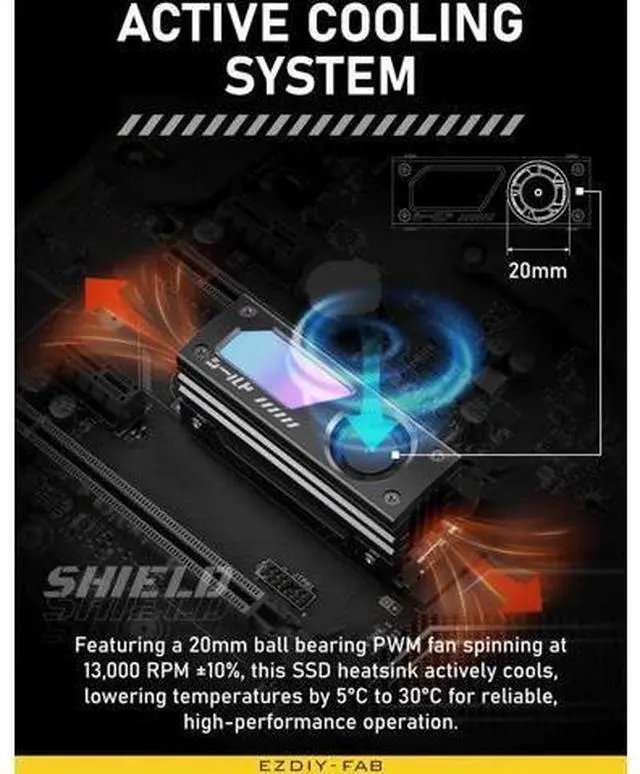 Alt view image 4 of 7 - Shield ARGB M.2 SSD Heatsink with Build-in 20mm PWM Fan, Premium Aluminum Design,5V 3-Pin ARGB Sync, High-Performance SSD Cooler for M.2 2280-Black-1 Pack