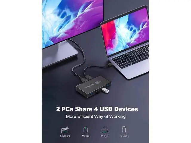 Alt view image 4 of 6 - USB 3.0 Switch 2 in 4 Out, USB Switcher Selector 2 Computers Sharing 4 USB 3.0 Ports, KM Switcher Box with 2 Pack USB Cable for PC, Printer, Scanner, Mouse, Keyboard, Compatible with Mac/Windows/Linux