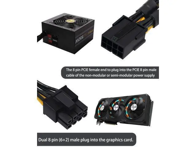 Alt view image 3 of 6 - Aomoproing (2-Pack) 8 Pin PCIe Splitter Cable, GPU VGA PCIe 8 Pin Female to Dual 8 Pin (6+2) Male PCI Express Power Adapter Braided Extension 9 inches (23cm)