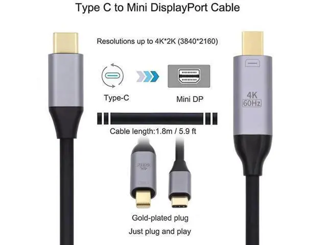 Alt view image 7 of 7 - Aomoproing USB 3.1 Type C USB-C to Mini DisplayPort DP Male 4K Monitor Cable for MacBook & Laptop 1.8m