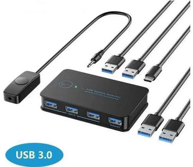 Main image of USB 3.0 Switch 2 in 4 Ouit, USB Switcher for 2 Computers Share 4 USB for Printer Keyboard Mouse, Scanner, USB KVM Switch Selector with 2 USB 3.0 Cables, Support Hotkey/Button/Wired Remote Switching