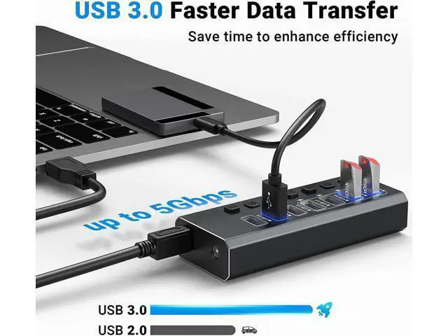 Alt view image 6 of 6 - USB Hub 3.0 Powered, 7-Port Powered USB 3.0 Hub with Individual Switches & 12V Power Adapter & 39'' Long Cable USB Expander Hub Splitter for Mac-Book Air Pro,Mac Mini,i-Mac All Laptops Desktops