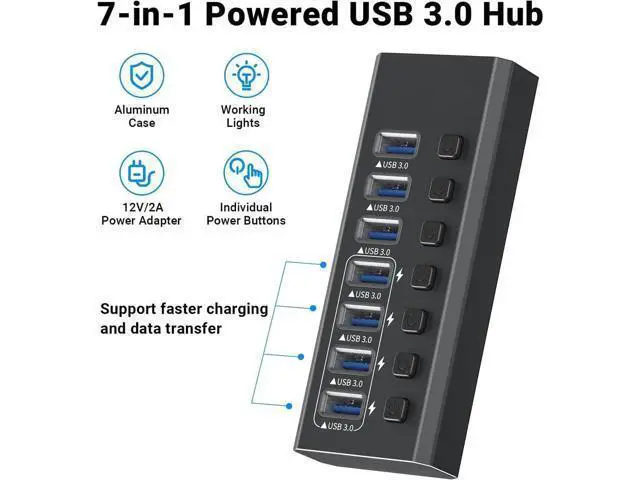 Alt view image 4 of 6 - USB Hub 3.0 Powered, 7-Port Powered USB 3.0 Hub with Individual Switches & 12V Power Adapter & 39'' Long Cable USB Expander Hub Splitter for Mac-Book Air Pro,Mac Mini,i-Mac All Laptops Desktops