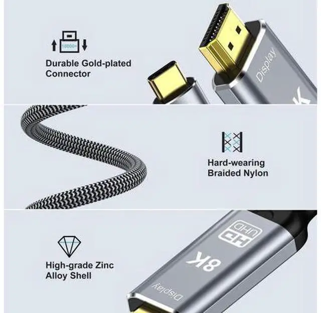 Alt view image 7 of 7 - AOMOPROING 8K USB C to HDMI 2.1 Cable 3.3Ft, 48Gbps USB Type-C to HDMI Braided Cord (8K@60Hz,4K@120Hz) Compatible with Thunderbolt 4/3, for iPhone 15/15Promax, MacBook Air, iPad, XPS 17