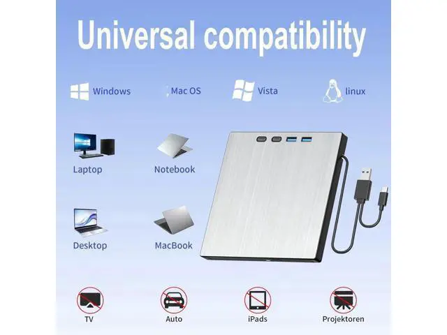 Alt view image 4 of 7 - 7-in-1 External CD DVD Drive, USB 3.0 Type-C CD/DVD Drive External USB with SD/TF Card Reader, External CD Drive for Laptop, Portable External DVD Burner for Windows XP/7/8/10/11, Linux, MacOS