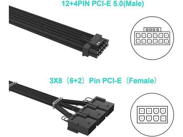 Alt view image 2 of 4 - 12+4pin transfer 3×8PIN ATX Extension Cable 3.0 Mixed Next-gen PCI-E 5.0 Extension Kit Black