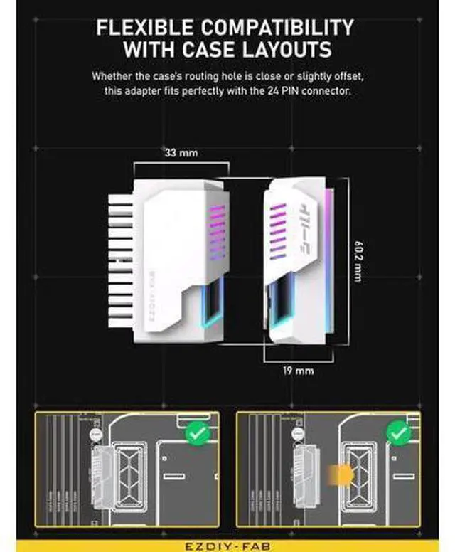 Alt view image 4 of 7 - Shield 24-pin 90 Degree Angle Adapter with Infinity Mirror ARGB Light,ATX 24 Pin Power Connector, 5V 3pin ARGB Sync-90 Degree-White-1 Pack