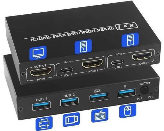 Main image of 2 Port HDMI KVM Switch for 2 Computers 1 Monitor, 2 in 1 Out KVM Switch HDMI 4K@30Hz, KVM Switch for 2 PC Share 1 Monitor and USB Wireless Keyboard, Mouse, Printer, with 2 USB 2.0 Cables