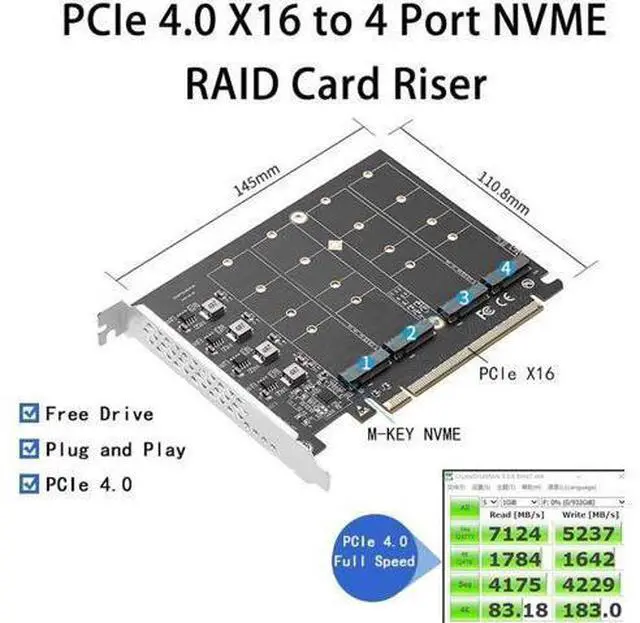 Main image of PCIE 4.0 NVME Adapter PCI Express x16 to 4 Port M.2 M-Key NVME SSD Expansion Card Riser Full Speed