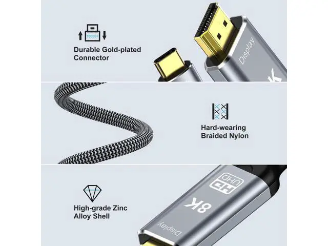 Alt view image 7 of 7 - 8K USB C to HDMI 2.1 Cable 10Ft, 48Gbps USB Type-C to HDMI Braided Cord (8K@60Hz,4K@120Hz) Compatible with Thunderbolt 4/3, for iPhone 15/15Promax, MacBook Air, iPad, XPS 17