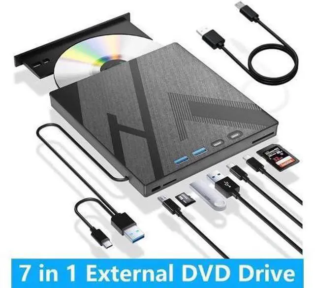 Main image of 7 in 1 External CD DVD Drive, External CD/DVD Drive for Laptop with SD/TF Port, CD Burner DVD Player DVD Burner USB 3.0/Type C, CD ROM External Drive CD Drive for PC Laptop Windows Linux MacOS