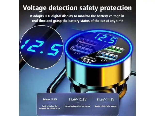 Alt view image 5 of 7 - Car Charger LED Cigarette Lighter Socket 4Port USB Super Fast Charging +Type-C