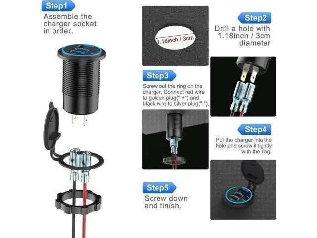 Alt view image 5 of 7 - 2 PACK 12V USB Outlet Wired USB Charger Multi Port Dual PD3.0 USB-C and Quick Charge 3.0 Car USB Port Socket with Power Switch Fast Charger for Cell Phone Tablet Suitable for Car Boat RV Marine ATV
