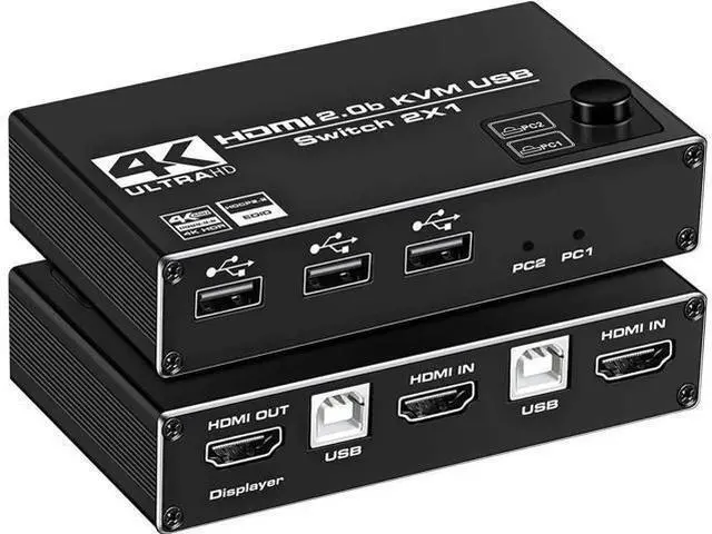 Main image of HDMI KVM Switch, 4K@60Hz USB Switch 2x1 HDMI2.0 Ports + 3X USB KVM Ports, Share 2 Computers to one Monitor, Support Wireless Keyboard and Mouse, USB Disk, Printer, USB Camera