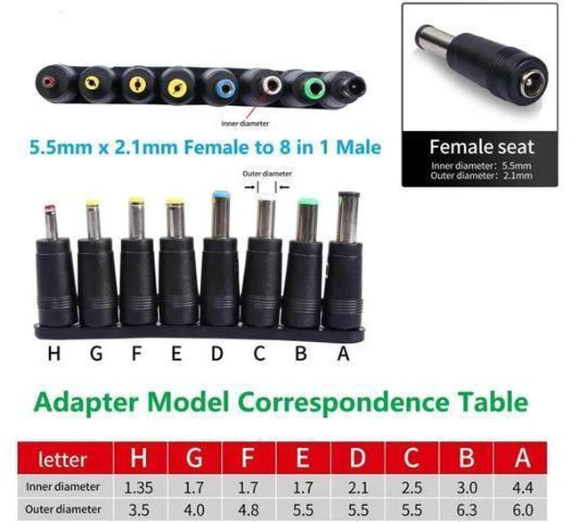 Alt view image 2 of 14 - Laptop DC Power Adapter 8-in-1 Universal DC Plug 5.5mm x 2.1mm Female to Male Adapter Connector with DC 5.5 x2.1mm Black Tuning Fork Cable 22cm/8.67 inch