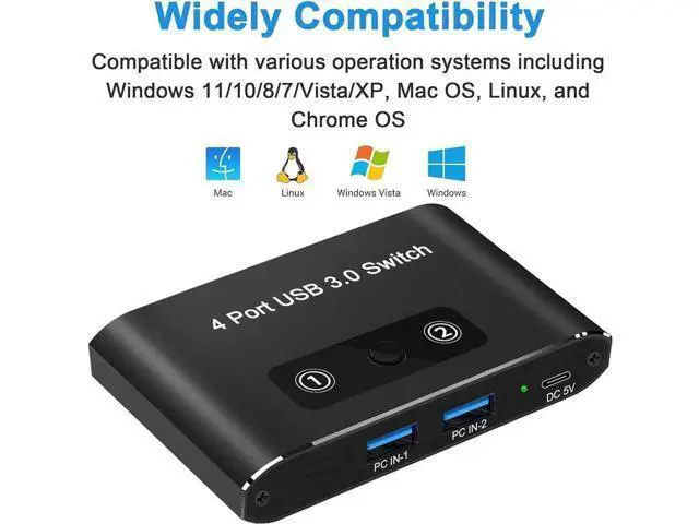 Alt view image 6 of 7 - USB 3.0 Switch 2 in 4 Out, USB Switch Selector 2 Computers Sharing 4 USB Devices KVM Switcher Box for PC, Printer, Scanner, Mouse, Keyboard with 2 USB Cable, Compatible with Mac/Windows/Linux