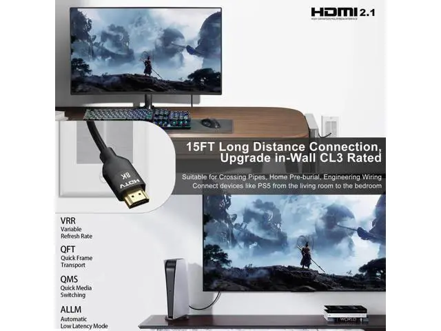 Alt view image 4 of 7 - 8K HDMI 2.1 Cable 15 FT, In-Wall CL3 Rated HDMI 2.1 Cord, Support 8K@60Hz, 4K@120Hz, HDR10+, eARC, SBTM, VRR, QFT, ALLM, 3D, HDCP 2.3 for TV, Monitor, Computer, Laptop, PS5, Xbox, Projector, Soundbar