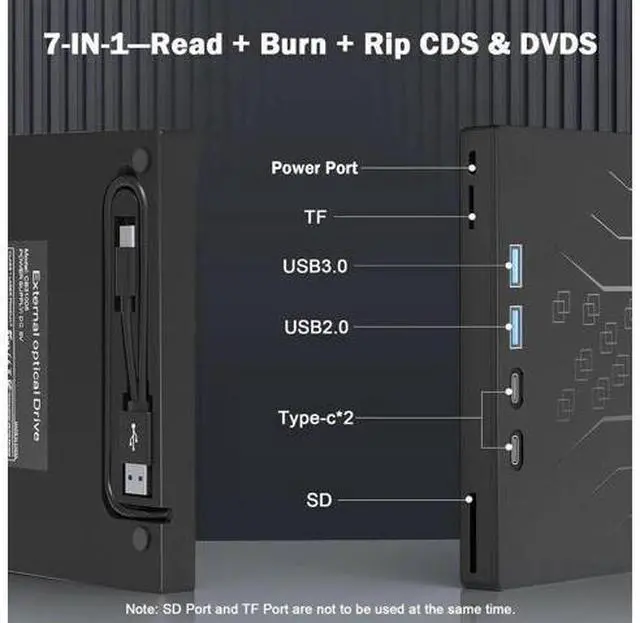 Alt view image 3 of 7 - 7 in 1 External DVD Drive, External CD/DVD Drive for Laptop USB 3.0 & Type-C, Portable CD/DVD +/-RW Disk Drive, CD/DVD Burner CD ROM External Drive for Laptop PC Windows 7/8/10/XP Mac Linux OS