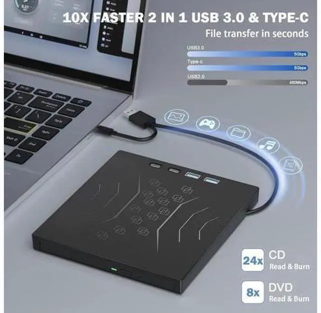 Alt view image 4 of 7 - 7 in 1 External DVD Drive, External CD/DVD Drive for Laptop USB 3.0 & Type-C, Portable CD/DVD +/-RW Disk Drive, CD/DVD Burner CD ROM External Drive for Laptop PC Windows 7/8/10/XP Mac Linux OS