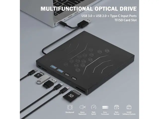 Alt view image 5 of 7 - 7 in 1 External DVD Drive, External CD/DVD Drive for Laptop USB 3.0 & Type-C, Portable CD/DVD +/-RW Disk Drive, CD/DVD Burner CD ROM External Drive for Laptop PC Windows 7/8/10/XP Mac Linux OS