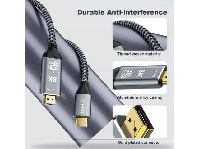 Alt view image 5 of 14 - USB C to HDMI 2.1 Cable 10FT, 8K@60Hz 4K@144Hz Thunderbolt 3/4 Compatible with MacBook Pro/Air, iPad Pro, iPhone 15, Supports HDCP 2.3 & HDR10, High Speed 48Gbps for XPS, Galaxy S22, Gaming Monitor