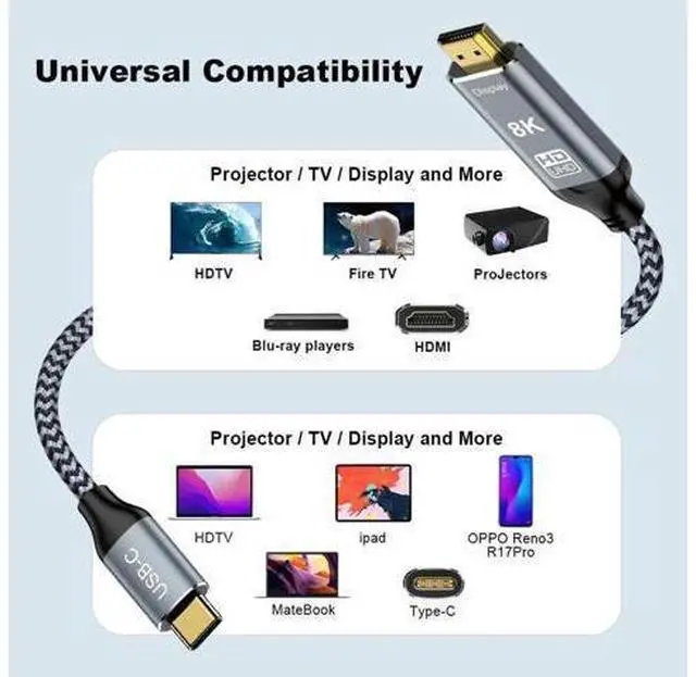 Alt view image 6 of 7 - USB C to HDMI 2.1 Cable 6.6FT, 8K@60Hz 4K@144Hz Thunderbolt 3/4 Compatible with MacBook Pro/Air, iPad Pro, iPhone 15, Supports HDCP 2.3 & HDR10, High Speed 48Gbps for XPS, Galaxy S22, Gaming Monitor