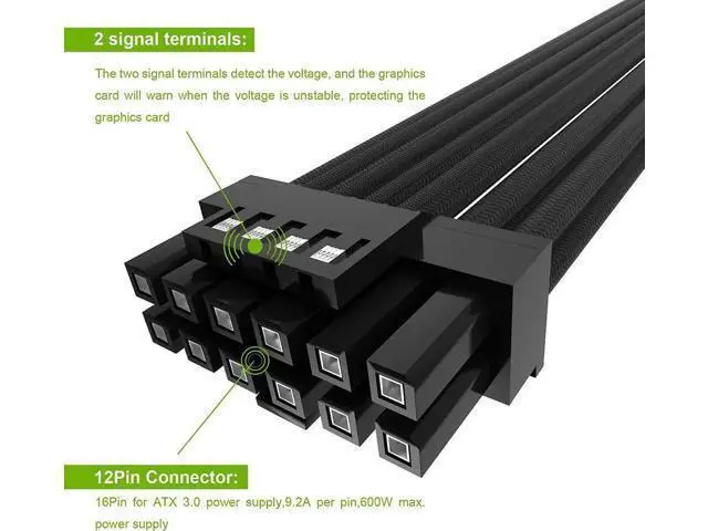 Alt view image 2 of 6 - Aomoproing 16Pin GPU Cable,Pcie 5.0 12VHPWR Sleeved Modular Cables,Male to Male PSU Cable,Mini 12+4 pin Adapter 600W ATX 3.0 Power Supply for RTX 3090TI and 4090 Graphic Card with Comb (Black)