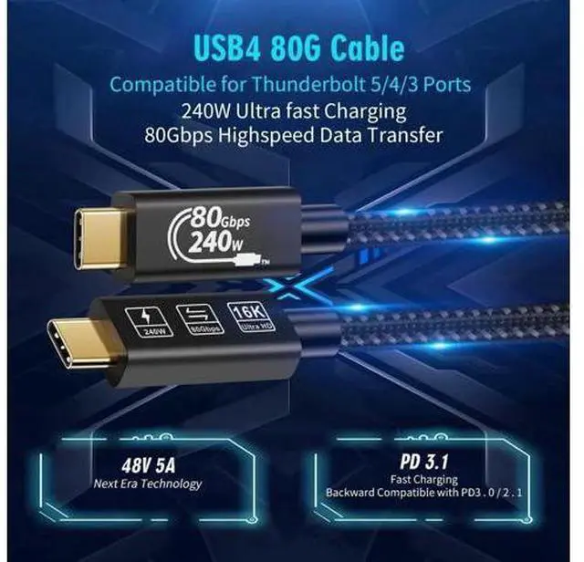 Alt view image 7 of 7 - Aomoproing USB 4 Extension 1.5m Super High Speed 80Gbps Thunderbolt 5 Data Cable 240W Quick Charging 16K Ultra HD Video Connection USB Type-C Cable