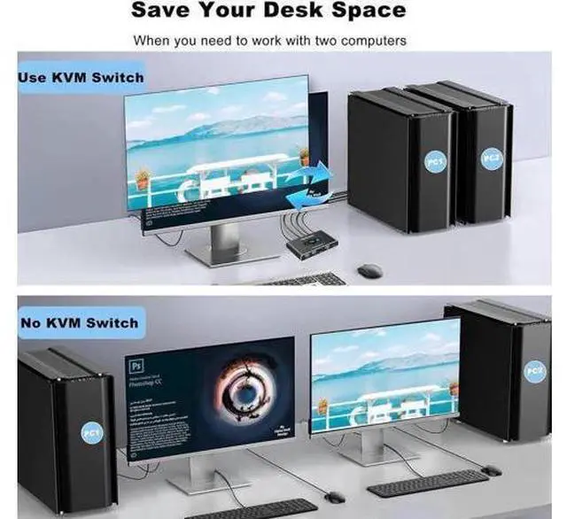 Alt view image 4 of 7 - 2 Port HDMI KVM Switch 1 Monitors 2 Computers, USB HDMI KVM Switches for 2 Computers Share 4 USB Device and 1 Monitor, USB Switch 2 Computers Support 4K@60Hz, HDMI Switch Keyboard Mouse Switch