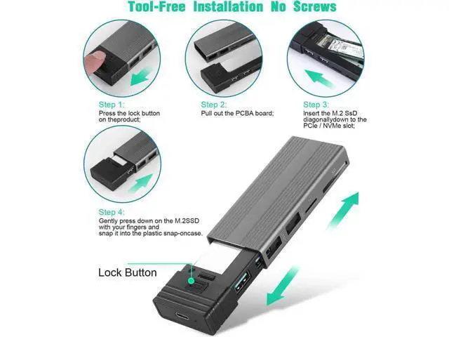 Alt view image 3 of 7 - M.2 NVME SATA SSD Enclosure Adapter Tool-Free, RTL9210B Chips, USB C 3.1 Gen 2 10Gbps NVME, 6Gbps SATA PCIe M-Key(B+M Key) with 2 USB Ports, SD/TF Card Reader