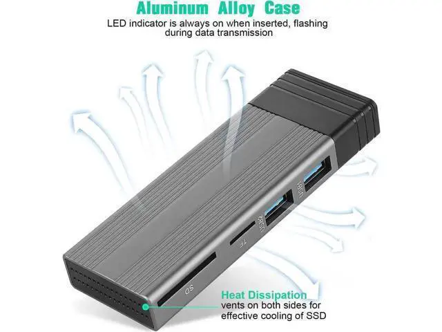 Alt view image 4 of 7 - M.2 NVME SATA SSD Enclosure Adapter Tool-Free, RTL9210B Chips, USB C 3.1 Gen 2 10Gbps NVME, 6Gbps SATA PCIe M-Key(B+M Key) with 2 USB Ports, SD/TF Card Reader